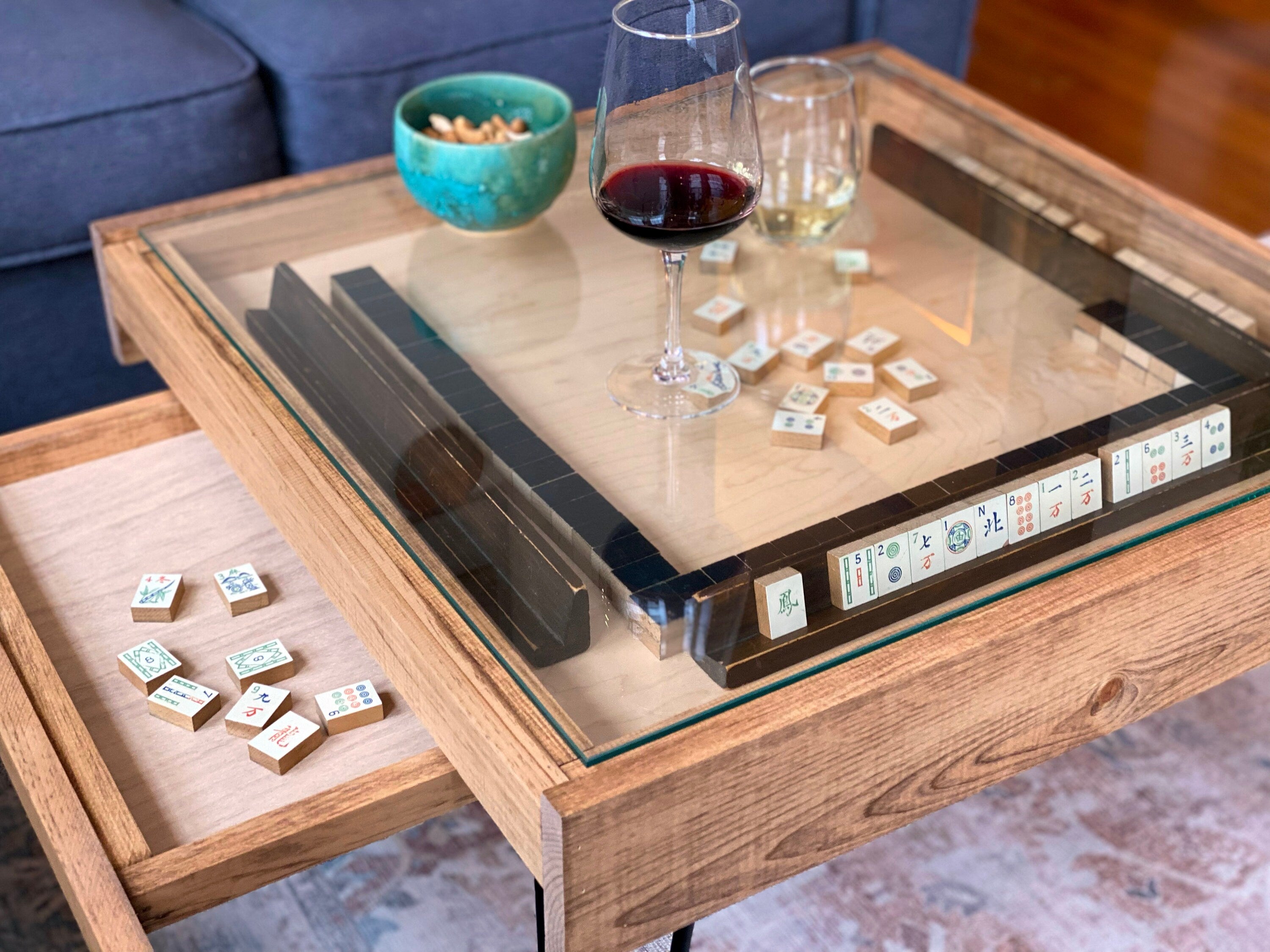 Rustic BYO Board Game Table with Removable Tempered Glass Top and Hidden Storage Drawer - 100% Made in the USA. Measures 25x25"
