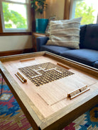 Rustic Scrabble Coffee Table with removable safety glass top - 25x37" - letter tiles included. 100% Made in the USA.