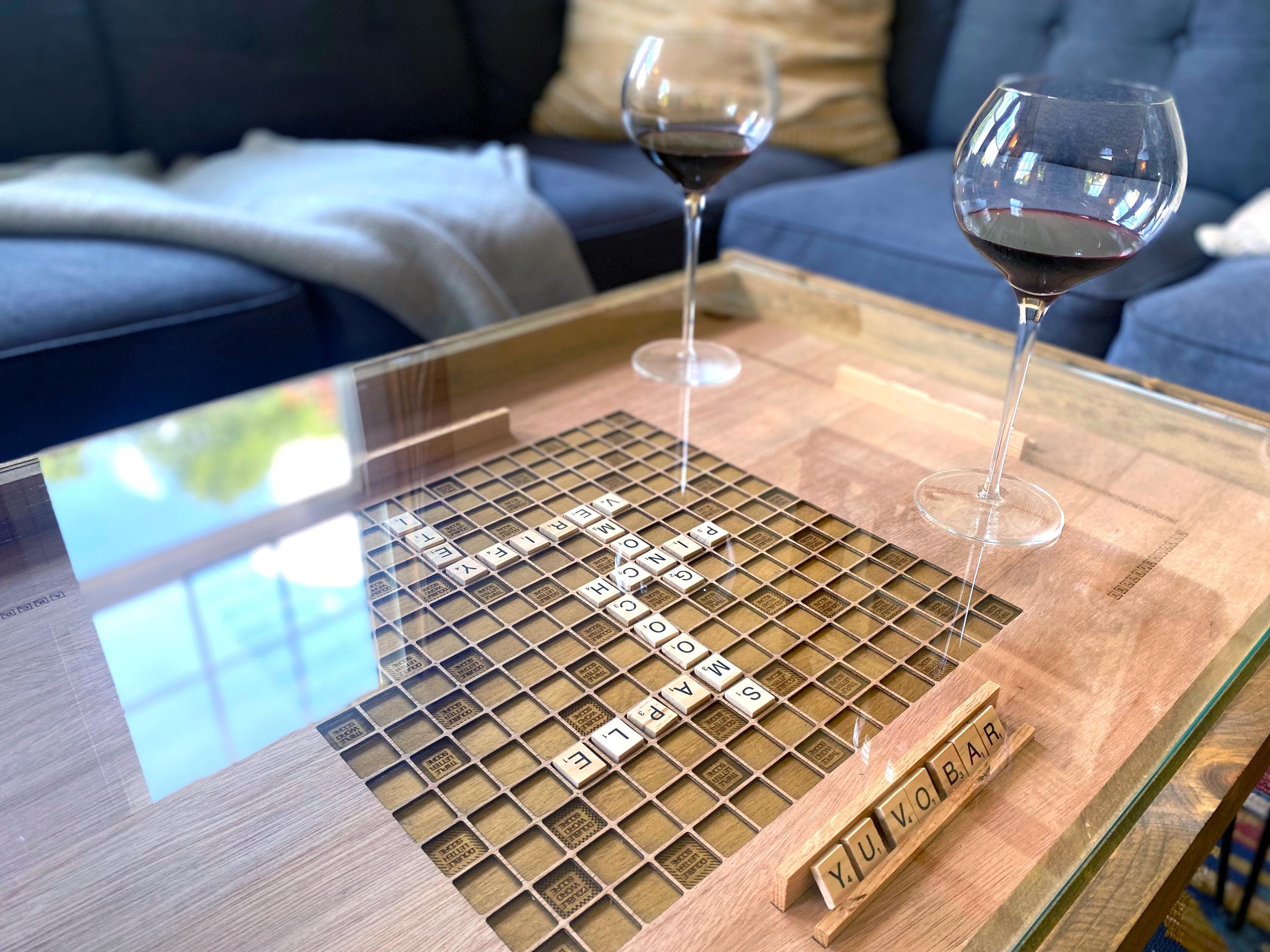 Rustic Scrabble Coffee Table with removable safety glass top - 25x37" - letter tiles included. 100% Made in the USA.