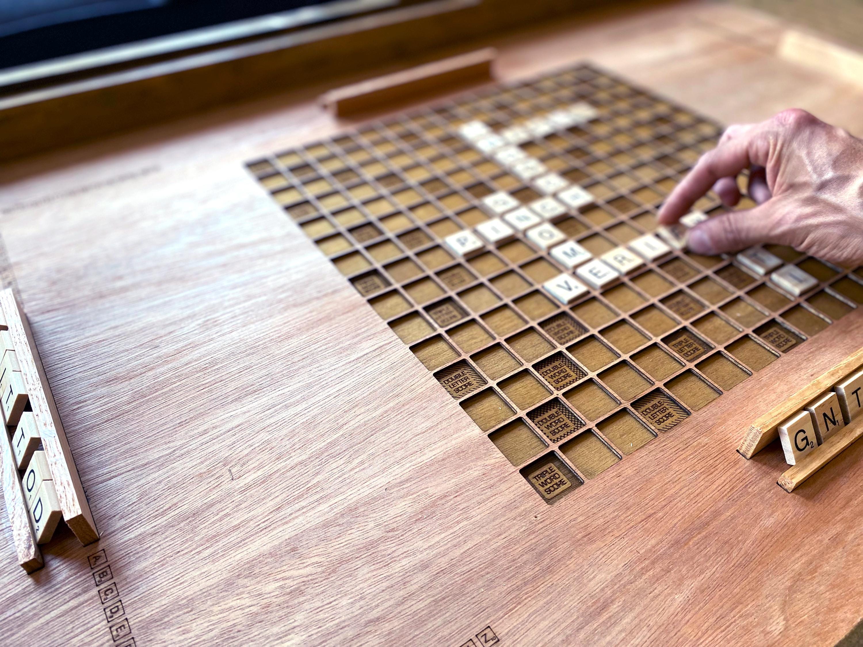 Rustic Scrabble Coffee Table with removable safety glass top - 25x37" - letter tiles included. 100% Made in the USA.