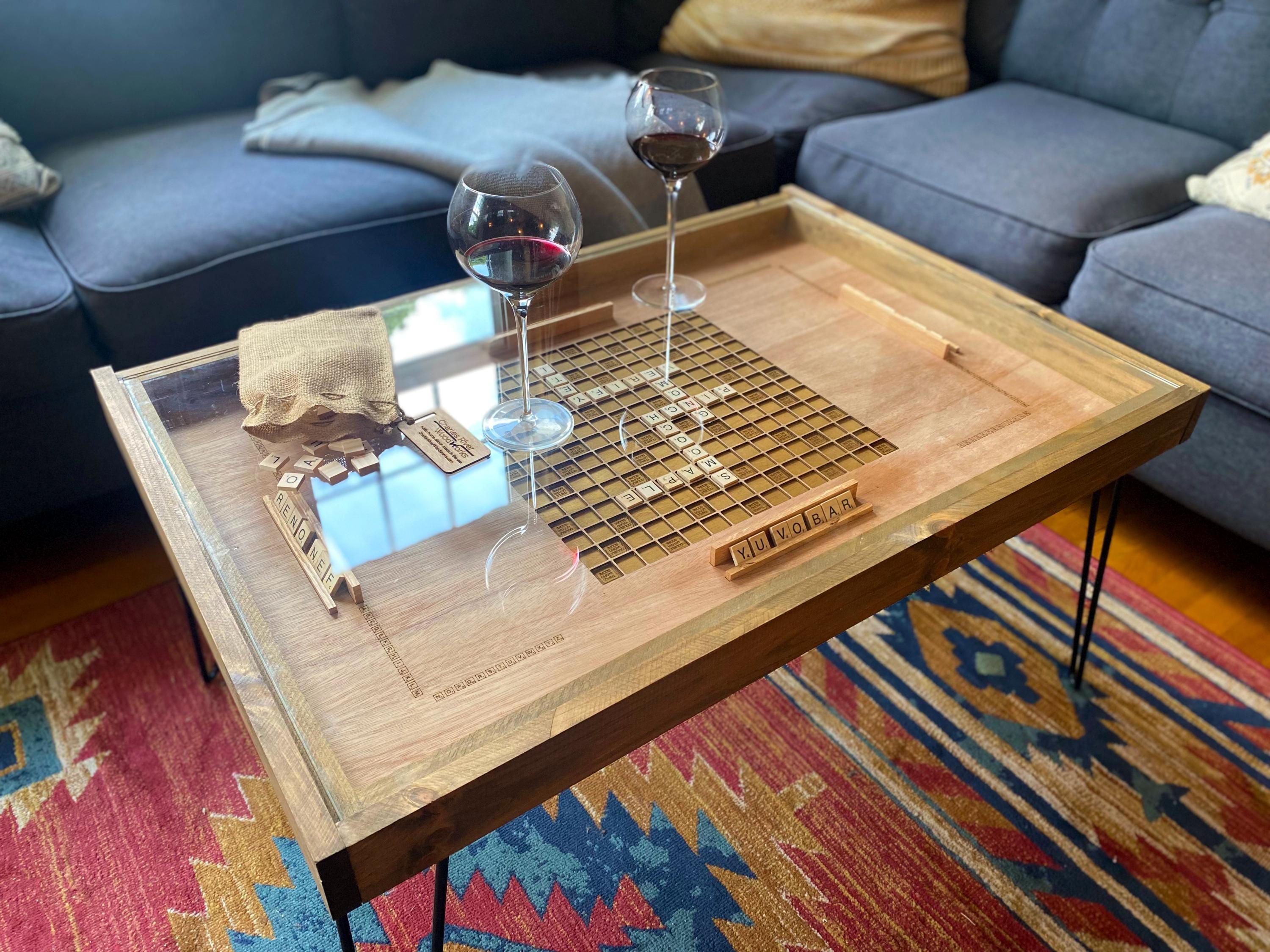 Rustic Scrabble Coffee Table measures 24x36&quot; and stands 18&quot; tall.