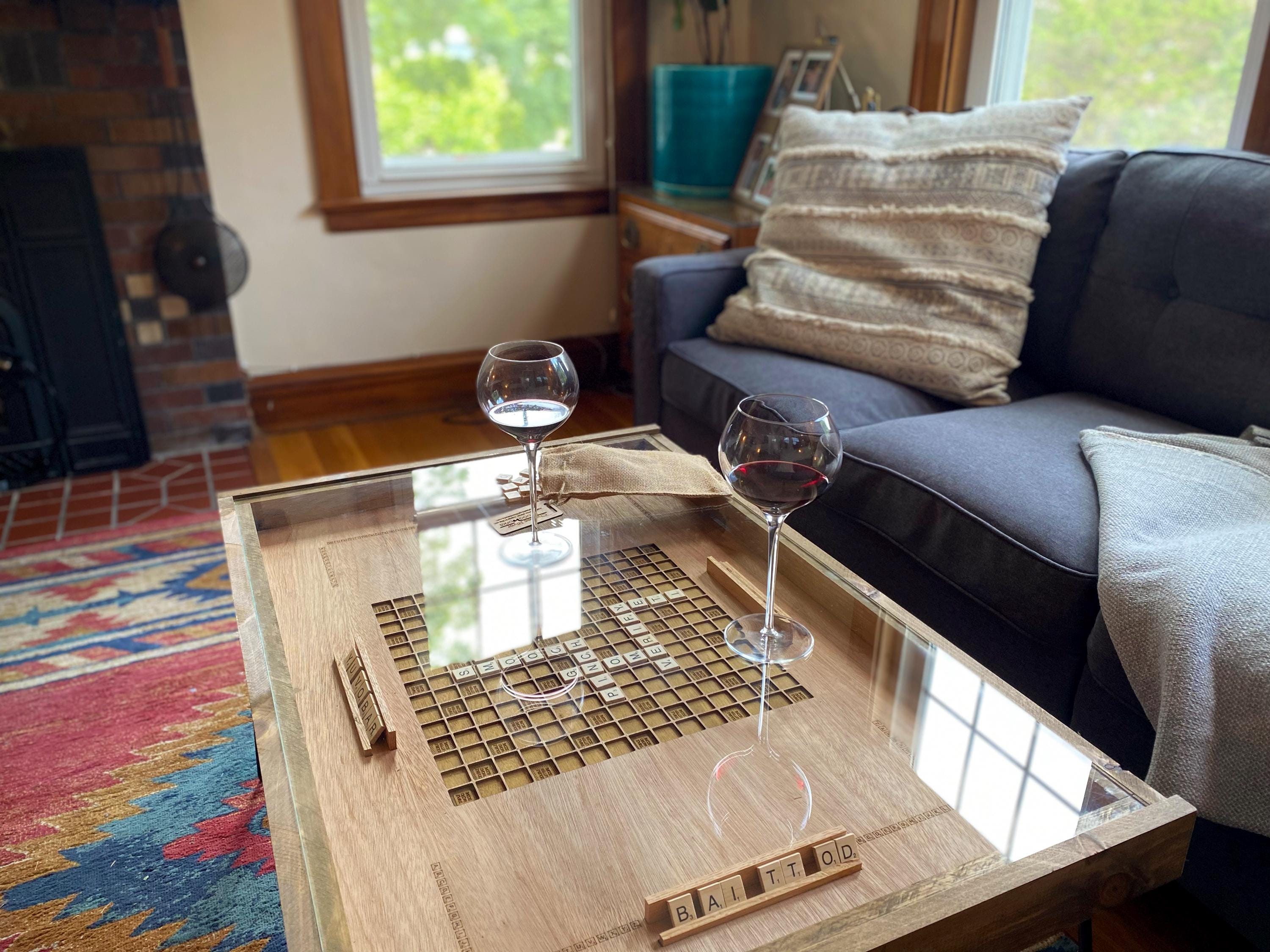 Rustic Scrabble Coffee Table with removable safety glass top - 25x37" - letter tiles included. 100% Made in the USA.