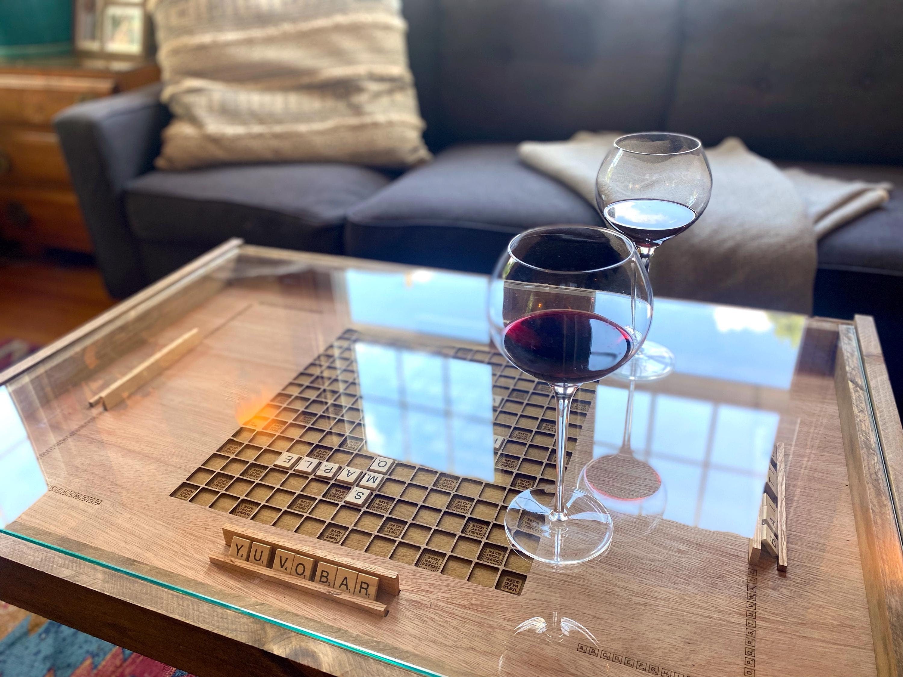 Rustic 24x36&quot; Scrabble Table with removable tempered glass top. Handcrafted in Boston by Charles River Woodworks.