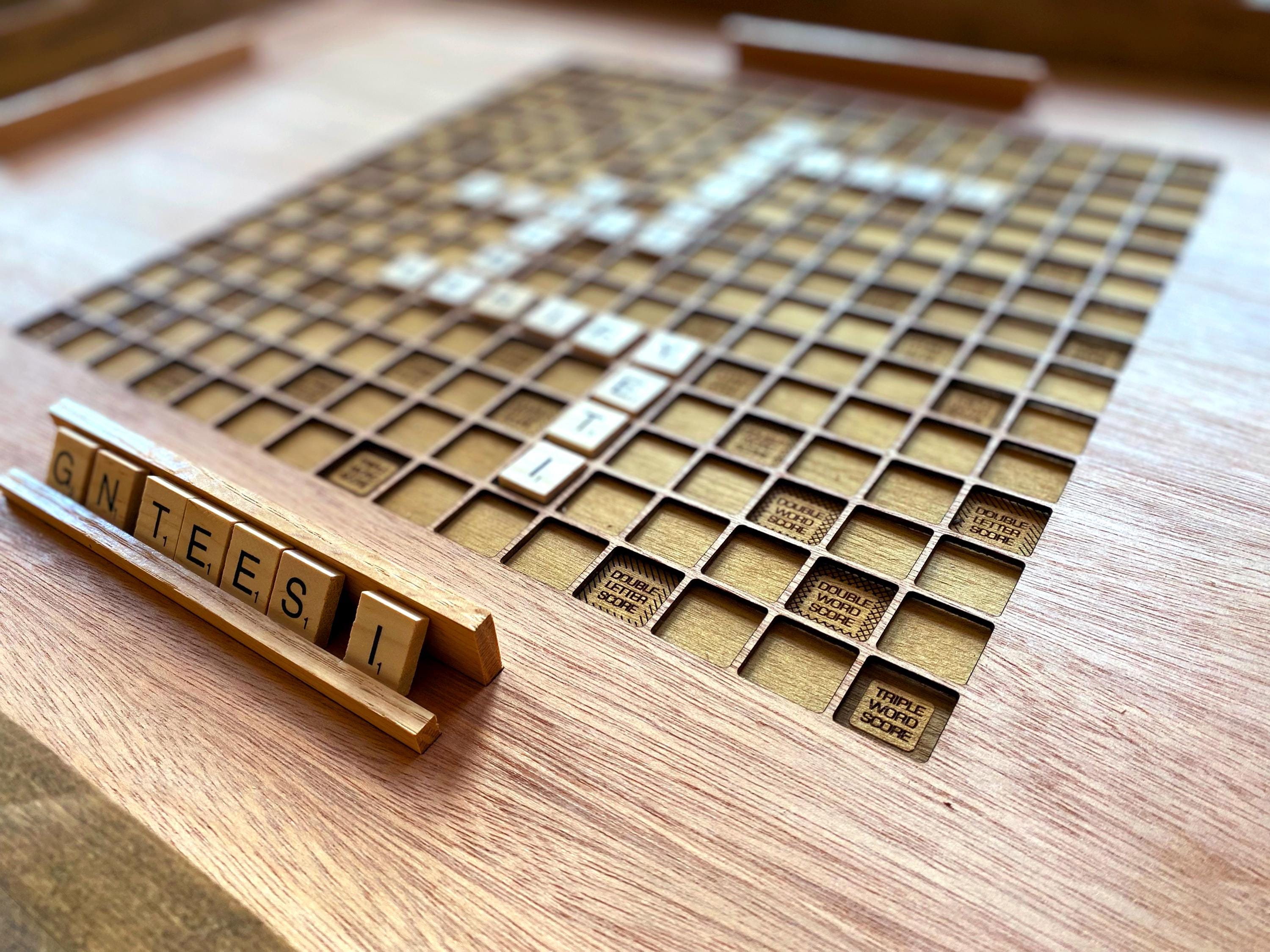 Rustic Scrabble Coffee Table with removable safety glass top - 25x37" - letter tiles included. 100% Made in the USA.