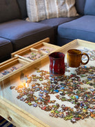 Rustic Puzzle Coffee Table with removable glass top - includes 2 hidden drawers - 24x36". 100% Made in the USA