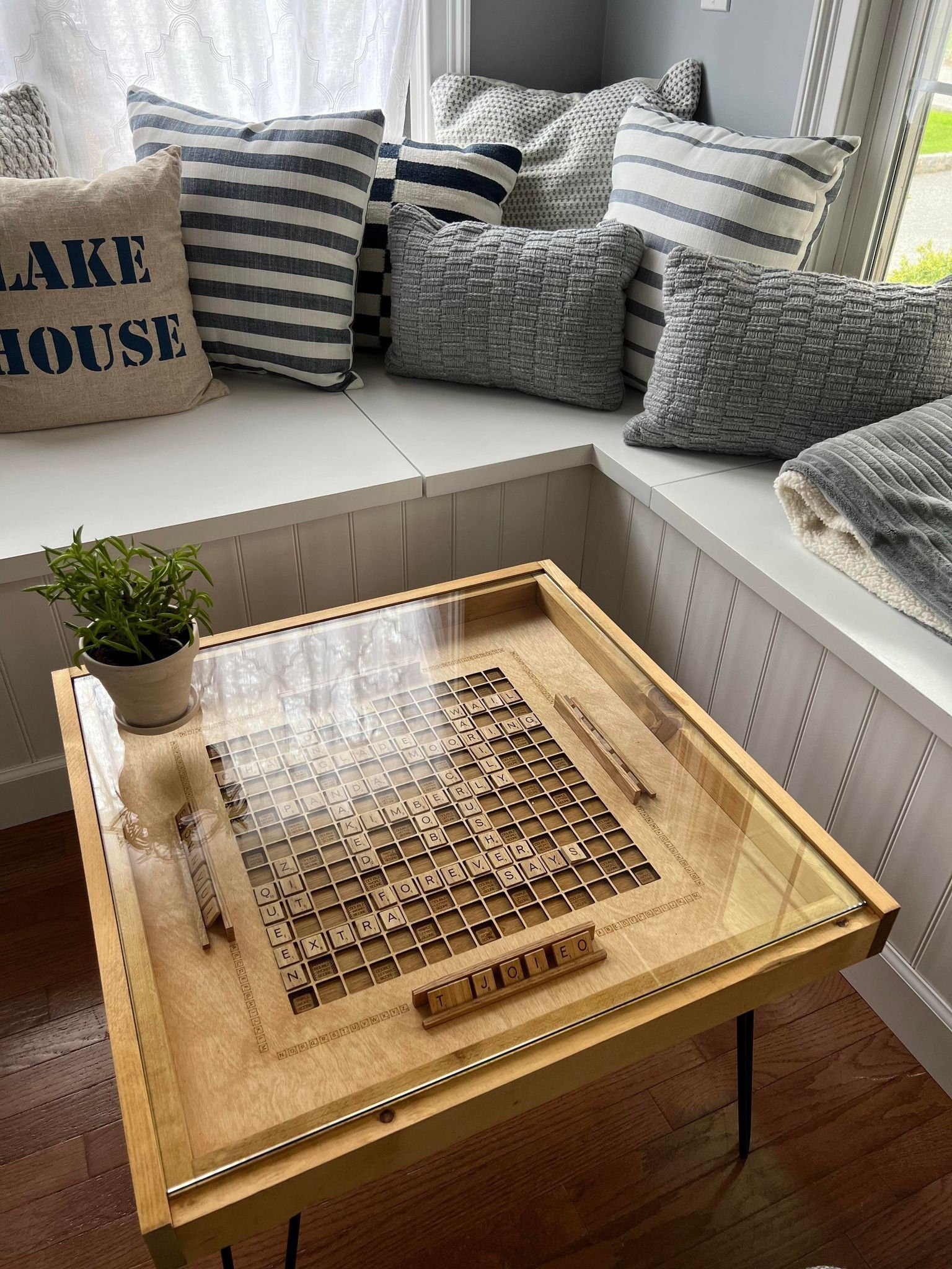 Rustic Scrabble Coffee Table with removable top - letter tiles included. 100% Made in the USA
