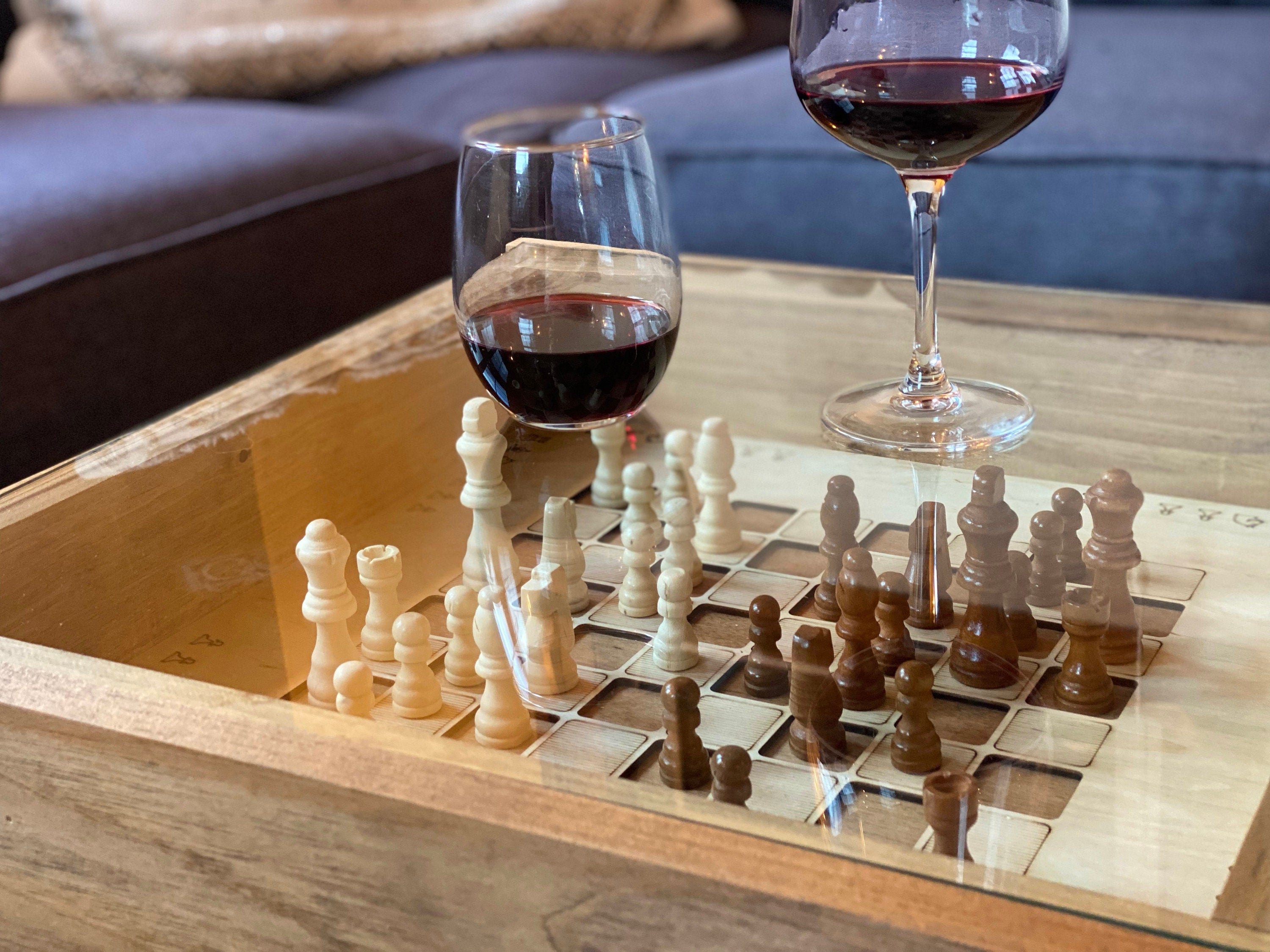 Rustic Chess and Checkers Table with removable glass top - chess and checkers pieces included. 100% Made in the USA