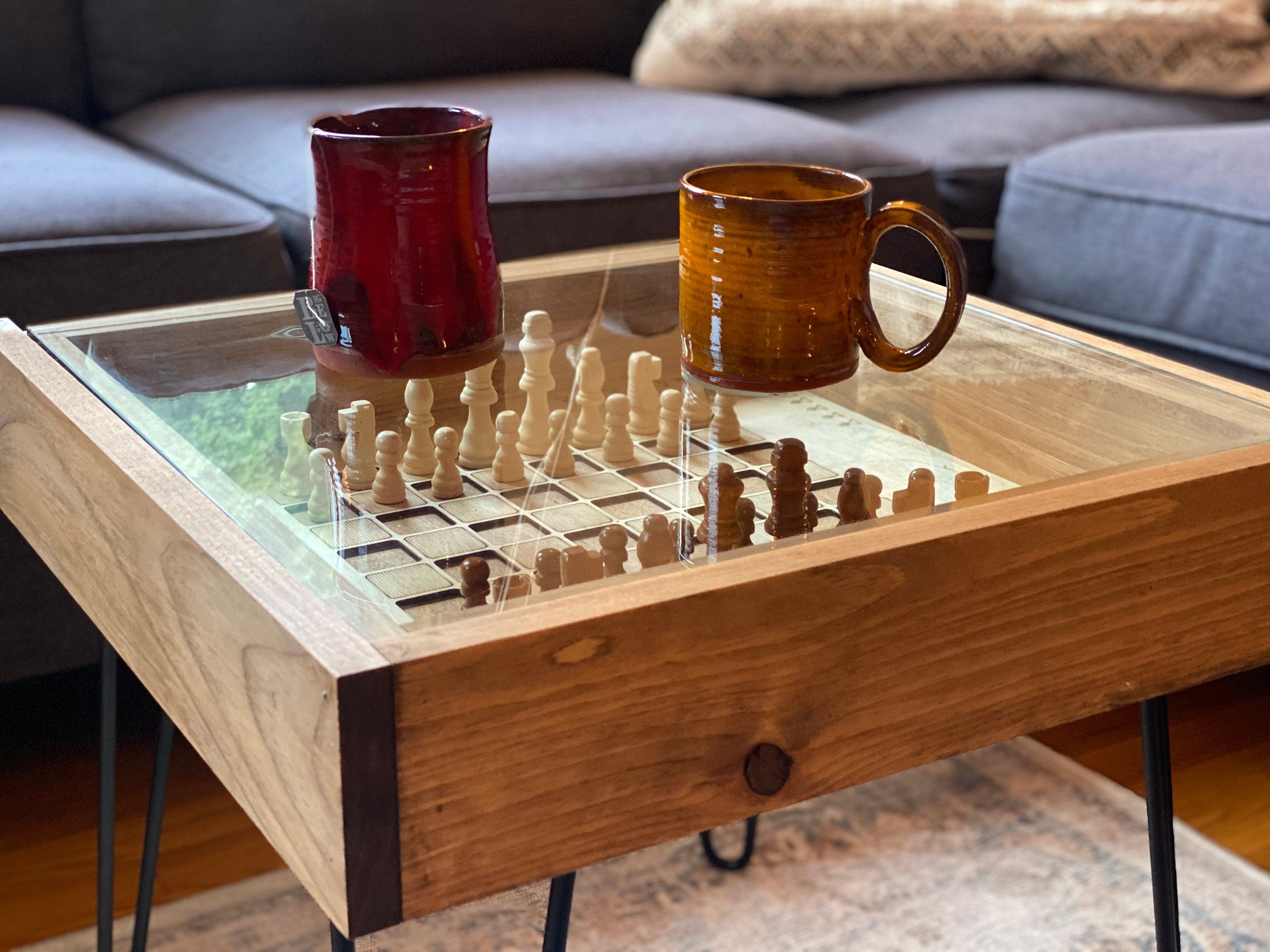 Rustic Chess and Checkers Table with removable glass top - chess and checkers pieces included. 100% Made in the USA