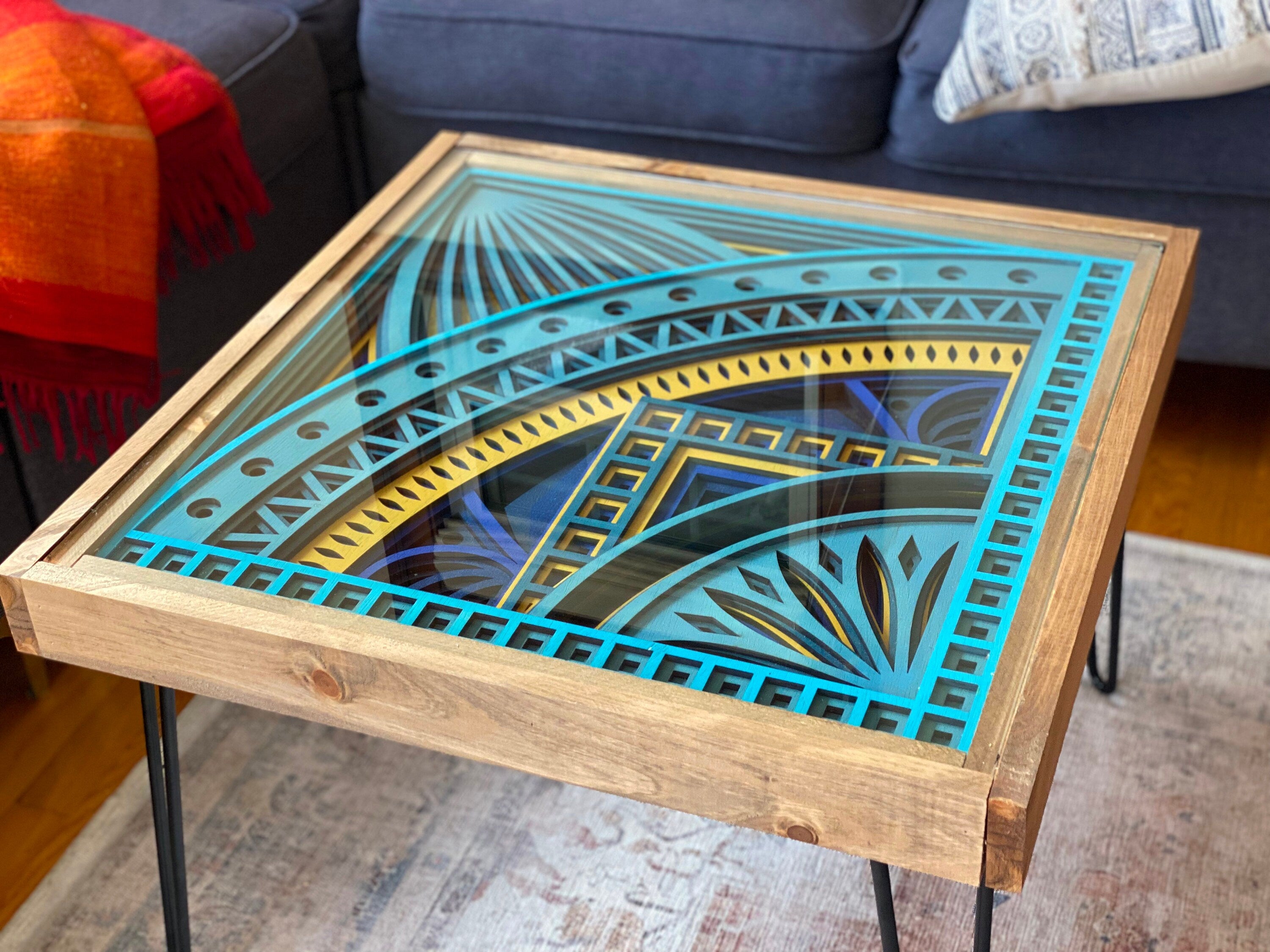 Turquoise, Aqua, and Bright Yellow Mandala Coffee Table - 100% Made in the USA - 25x25"