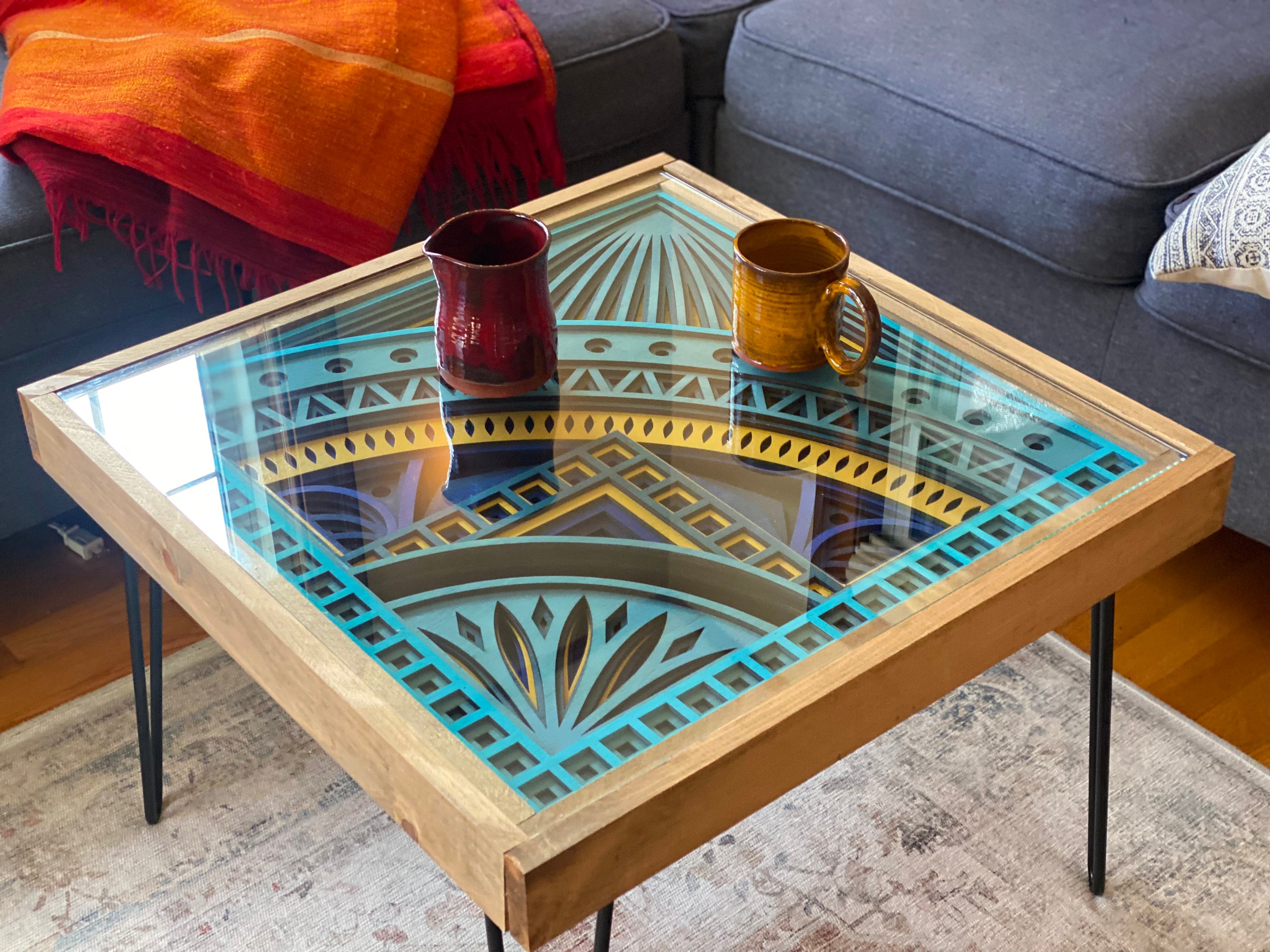 Turquoise, Aqua, and Bright Yellow Mandala Coffee Table - 100% Made in the USA - 25x25"
