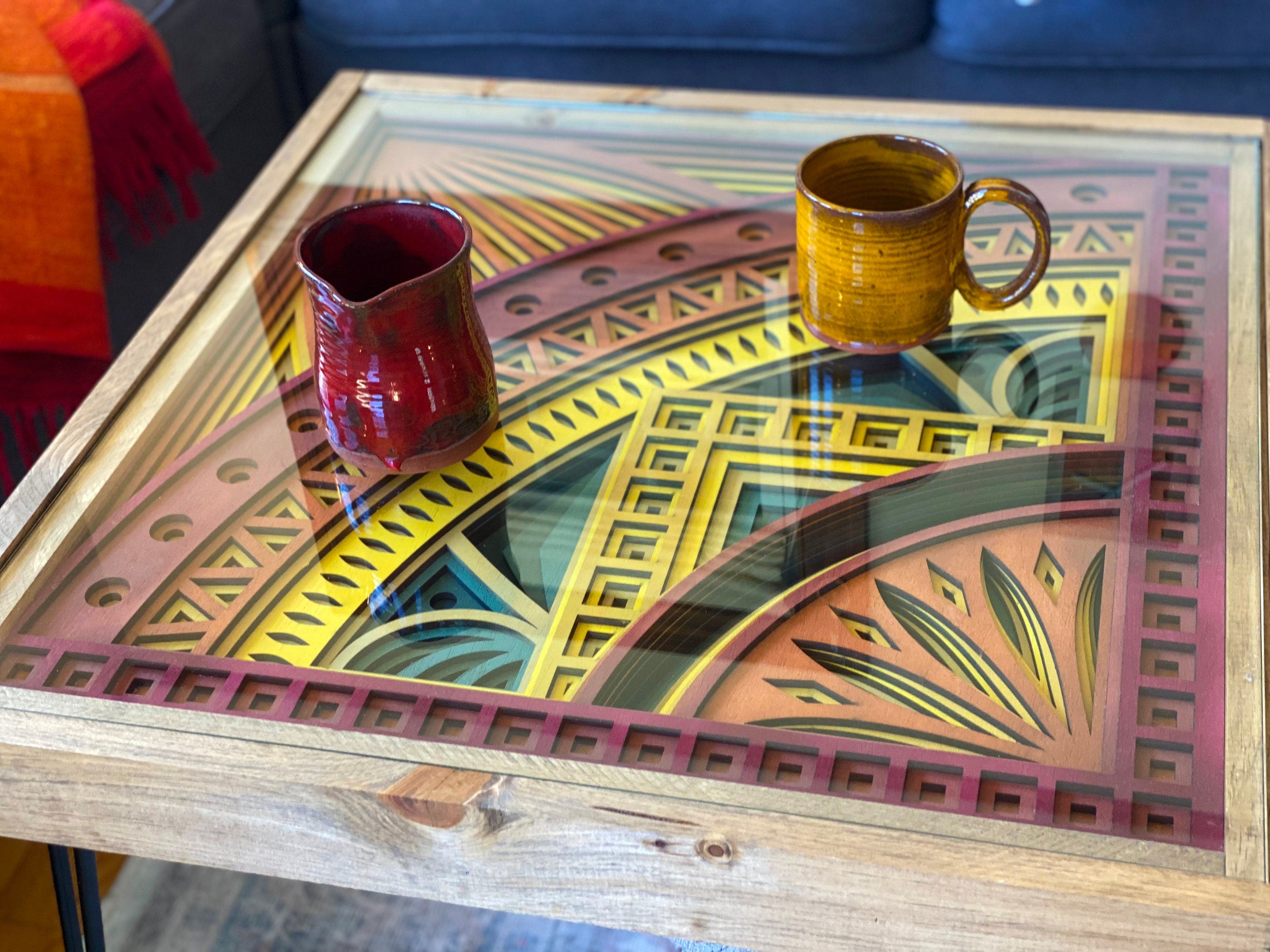Red, Orange, Yellow Mandala Coffee Table - Warm Autumn Colors - 100% Made in the USA - 25x25"