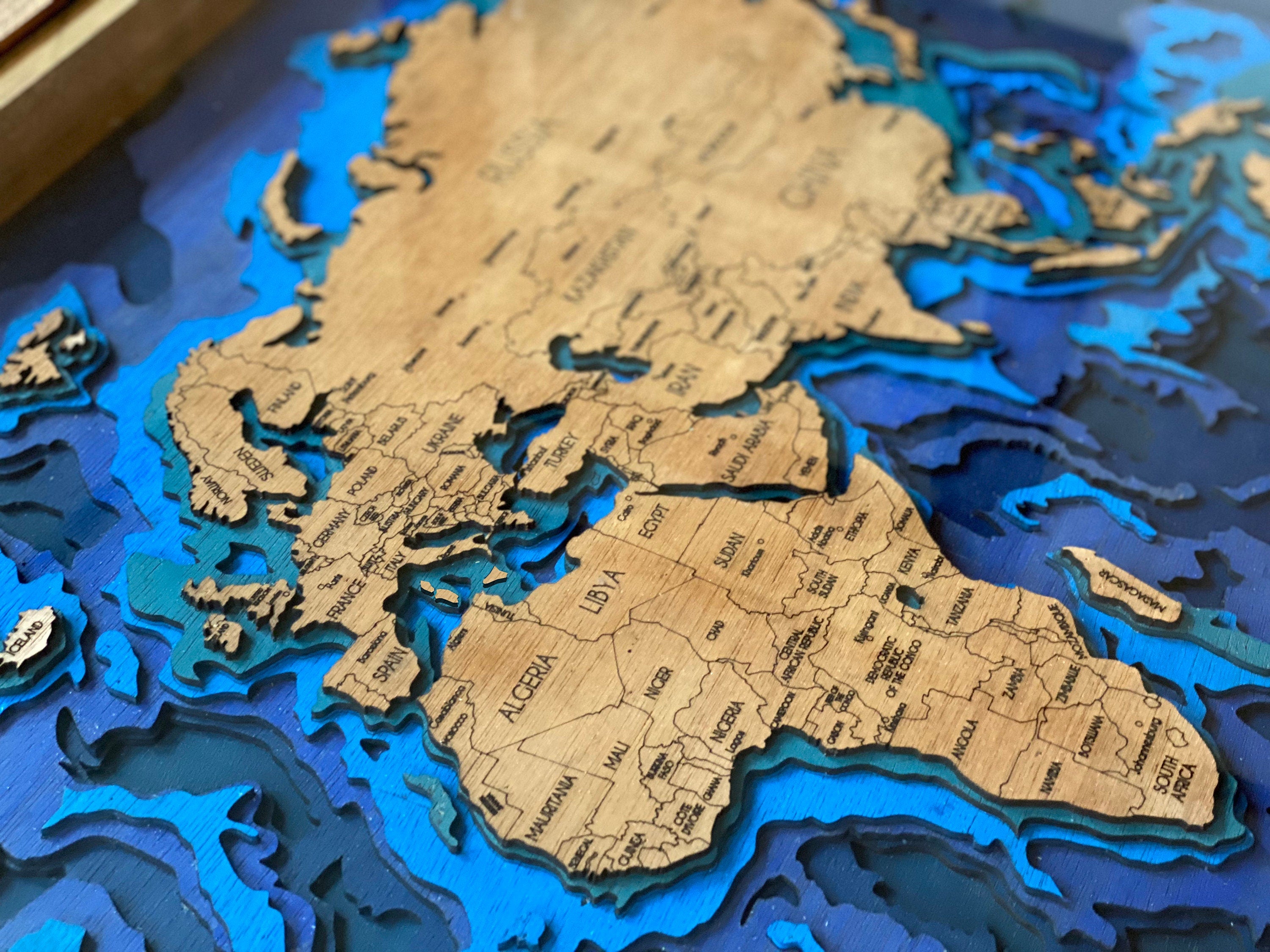 World Map Coffee Table with Ocean Bathymetric Layers - 24x36" - 100% Made in the USA